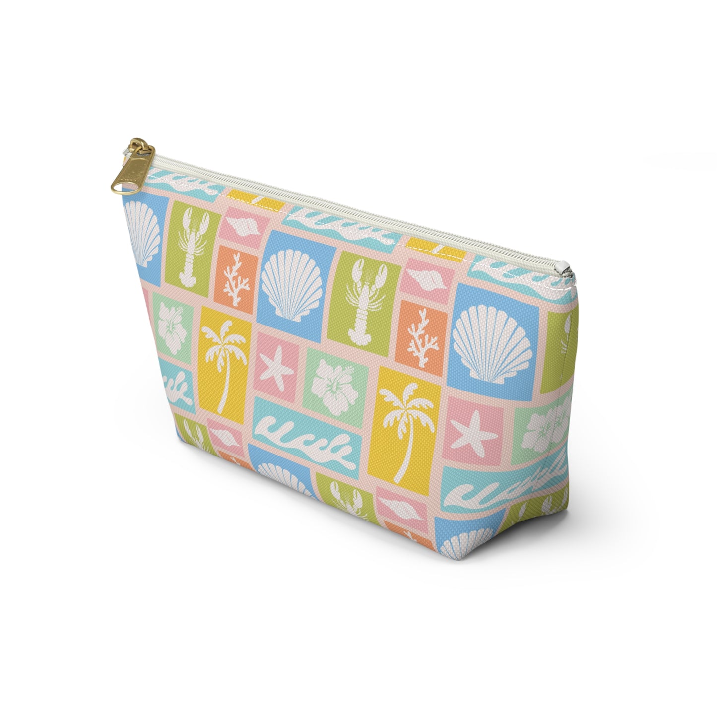 Seaside Patchwork Accessory Pouch — Pastel Beach Shell & Palm Makeup Bag