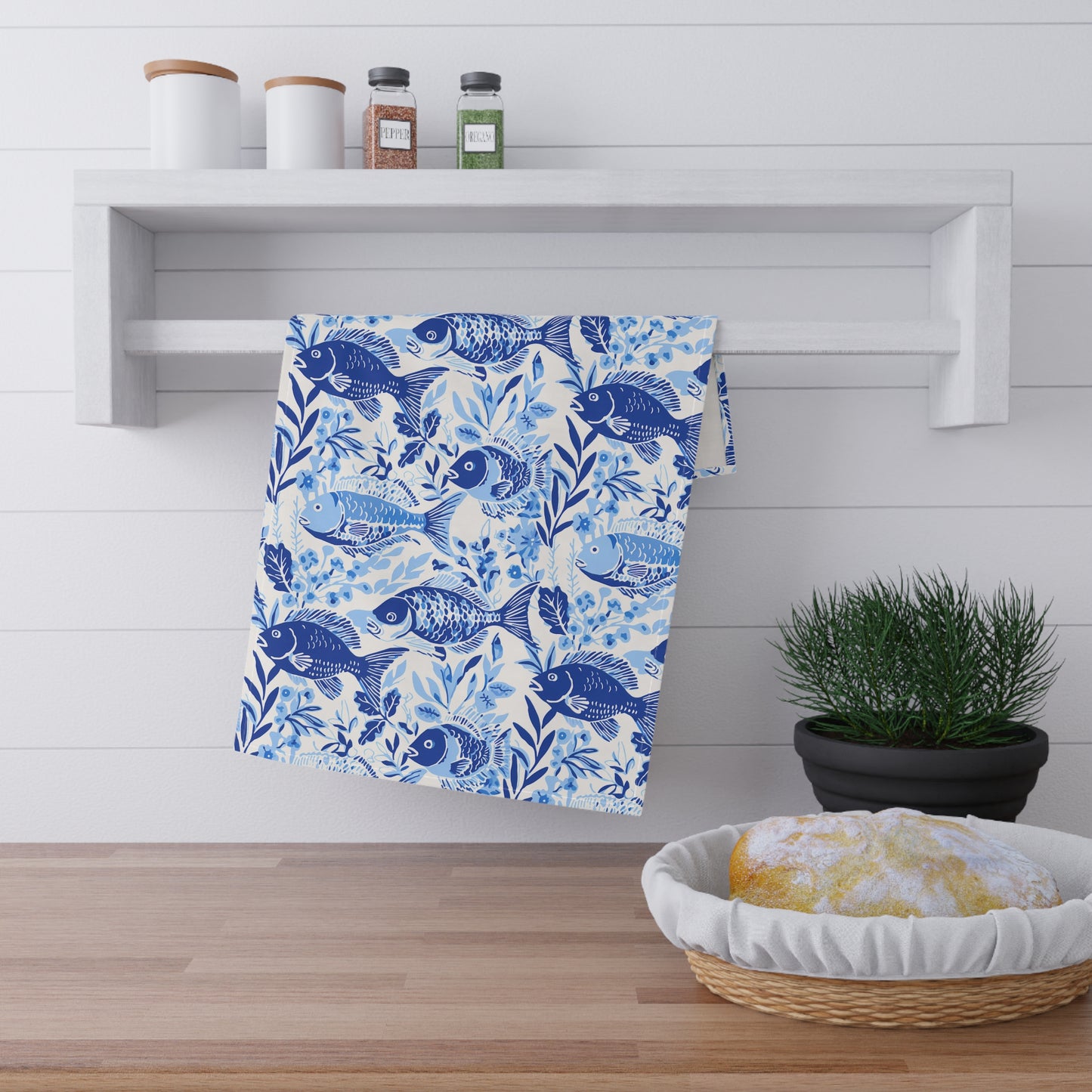 Blue Fish Pattern Tea Towel — Coastal Kitchen Cotton-Blend Dish Towel