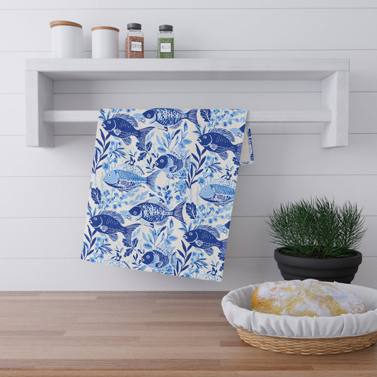 Blue Fish Pattern Tea Towel — Coastal Kitchen Cotton-Blend Dish Towel