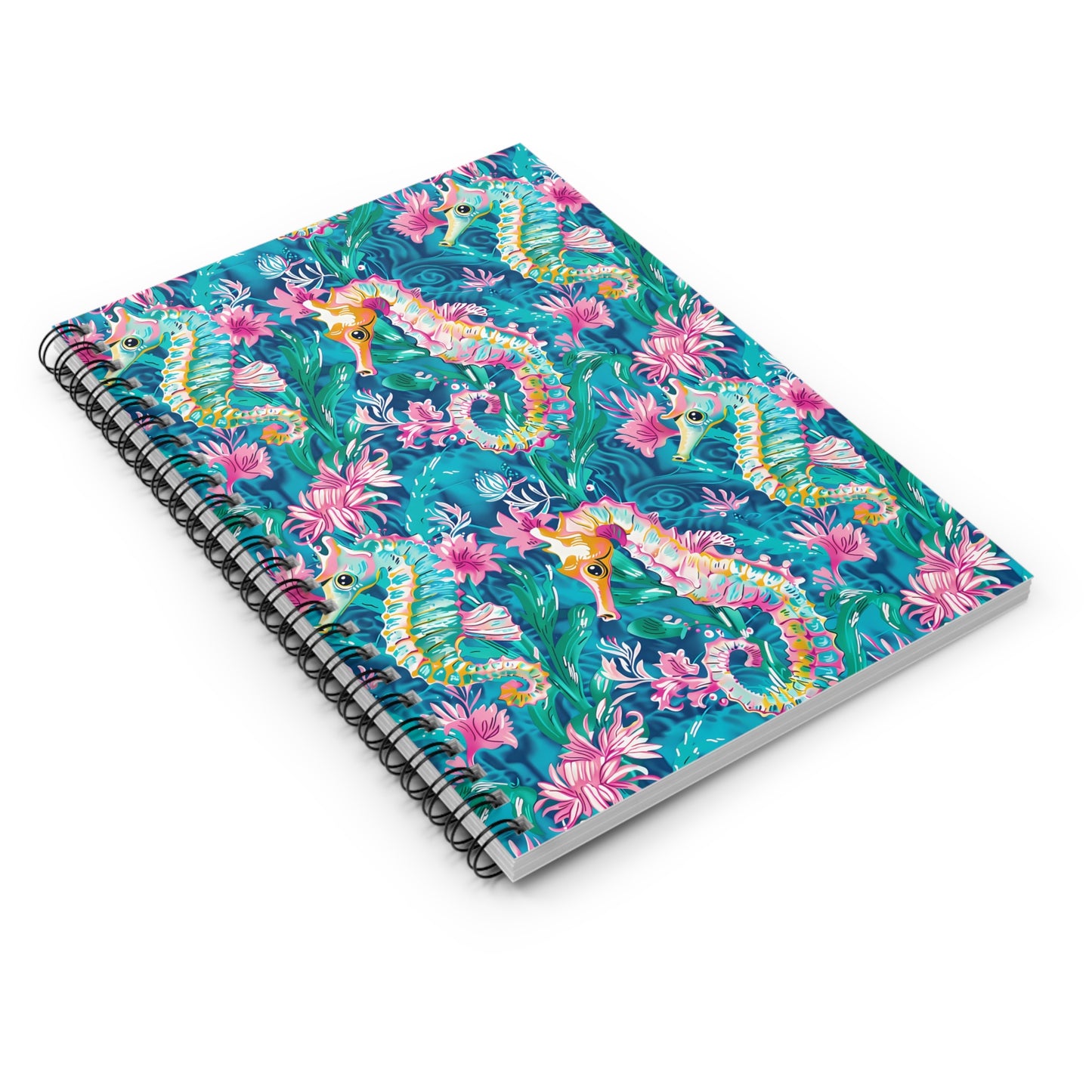 Blue Seahorse Floral Spiral Notebook — Ruled Journal for School & Beach Notes