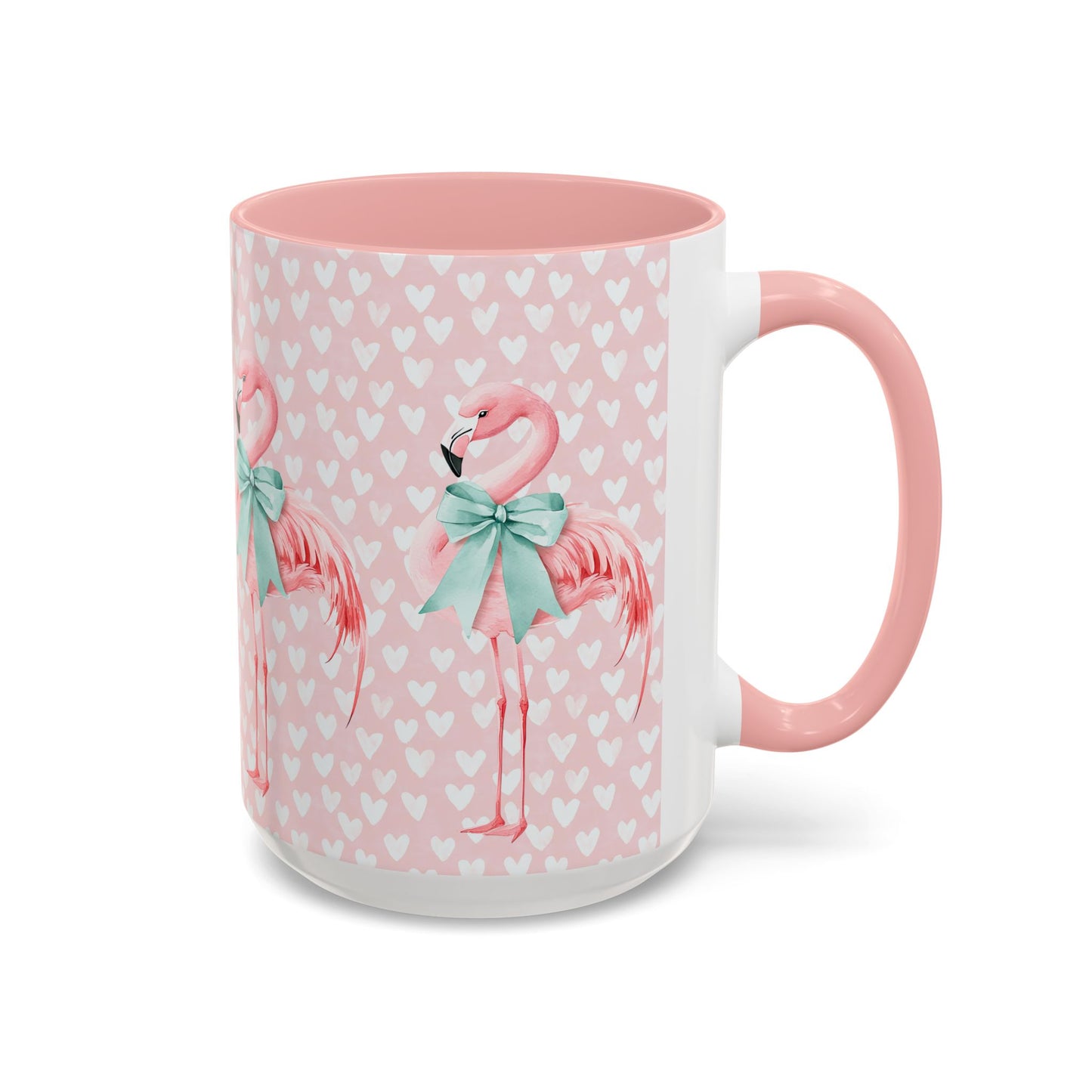Pink Flamingo Heart Pattern Accent Coffee Mug – Cute Valentine’s Day 11/15oz Ceramic