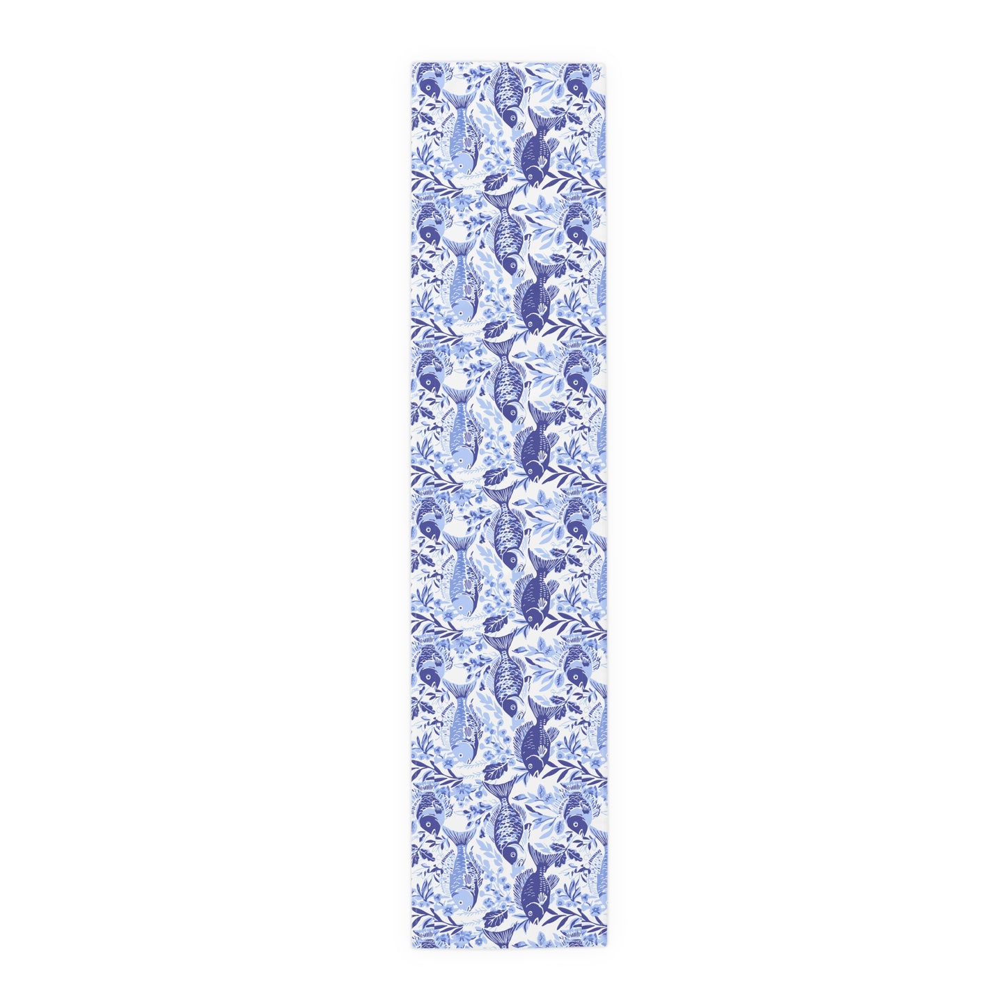Blue Fish Pattern Navy Table Runner — Coastal Cotton-Poly Dining Decor