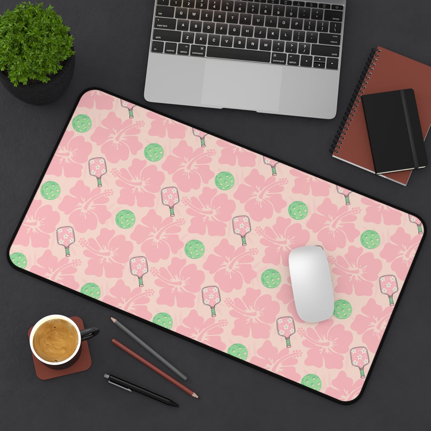 Pink and Green Pickleball Floral Desk Mat — Cute Hibiscus & Pickleball Pattern Mouse Pad
