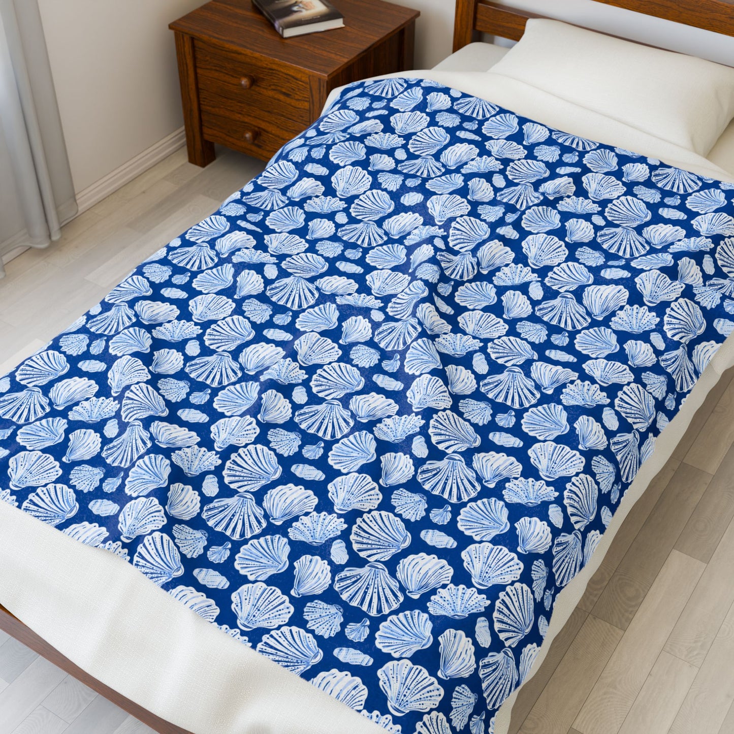 Seashell Blue Velveteen Plush Blanket — Coastal Nautical Throw