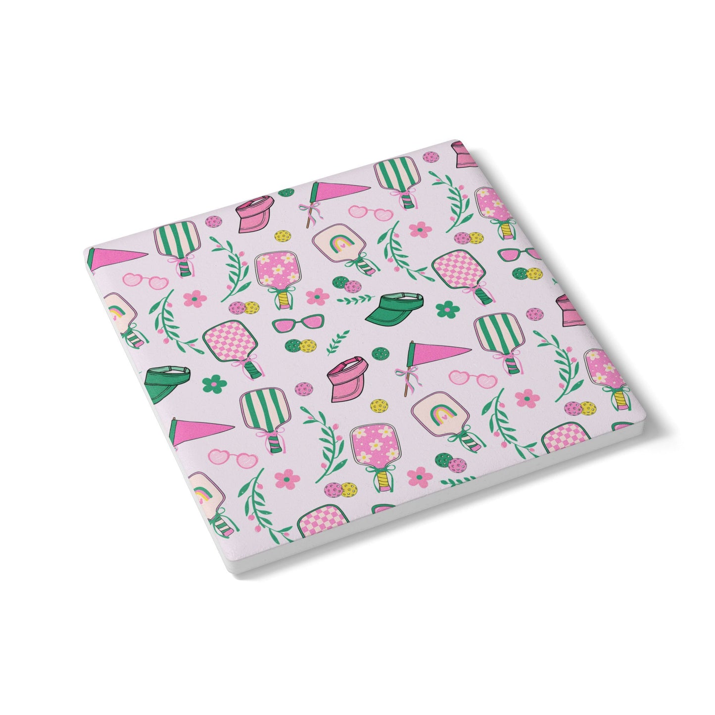 Preppy Pink Pickle Ball Ceramic Coaster — Retro Summer Pattern