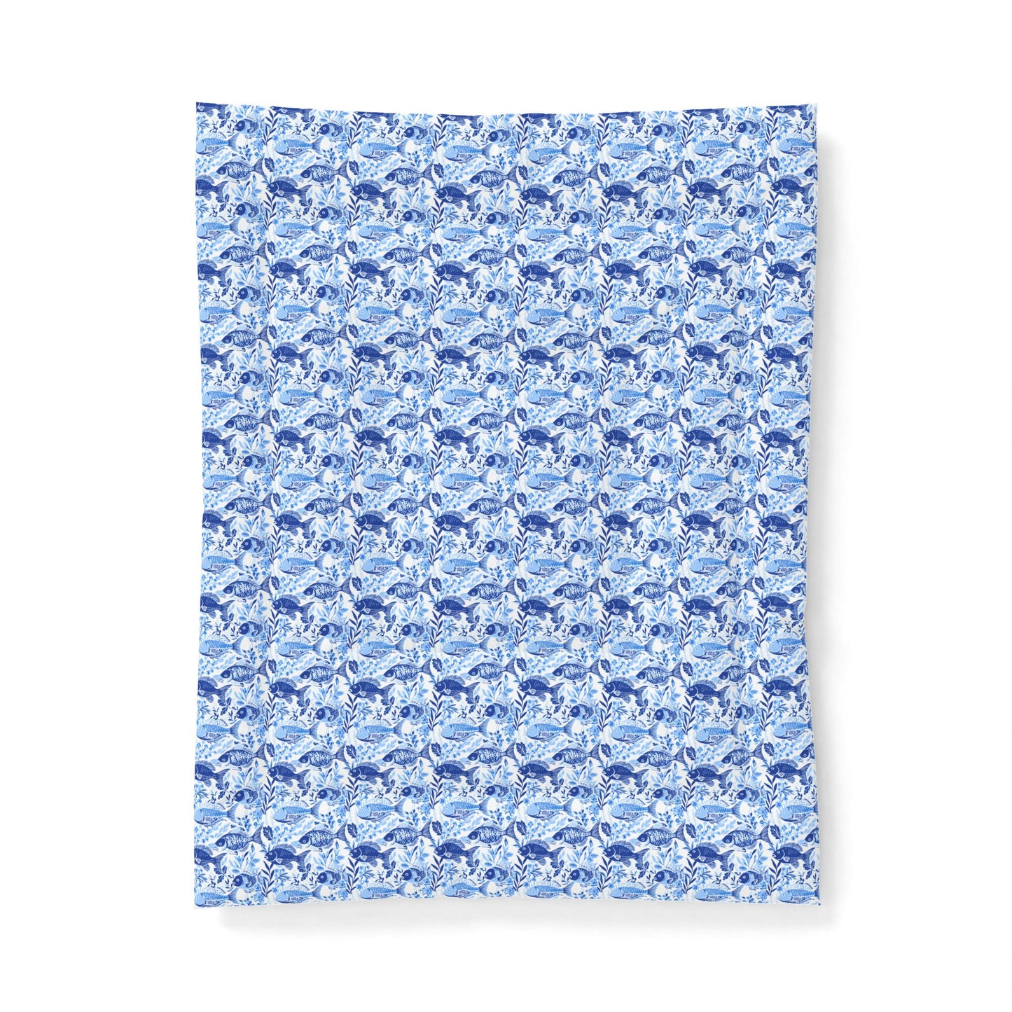 Blue Watercolor Fish Comforter — Lightweight Cotton Bedspread with Chinoiserie Style Floral Pattern