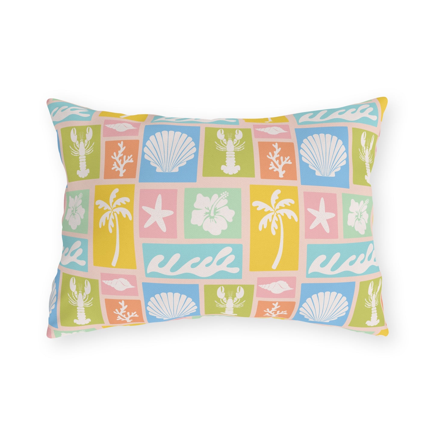 Coastal Patchwork Outdoor Pillow — Pastel Seashells, Palm & Wave Patio Cushion