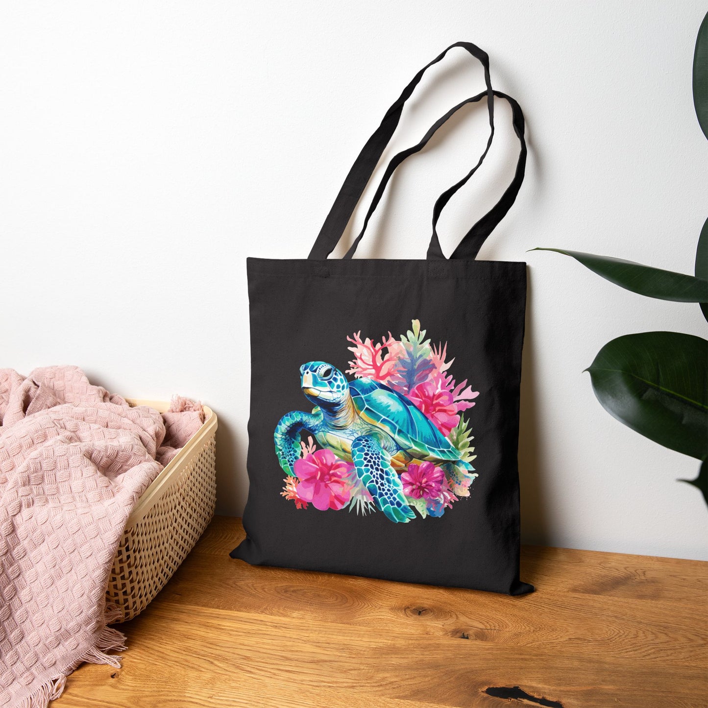 Sea Turtle Floral Canvas Tote — Eco-Friendly Beach Bag