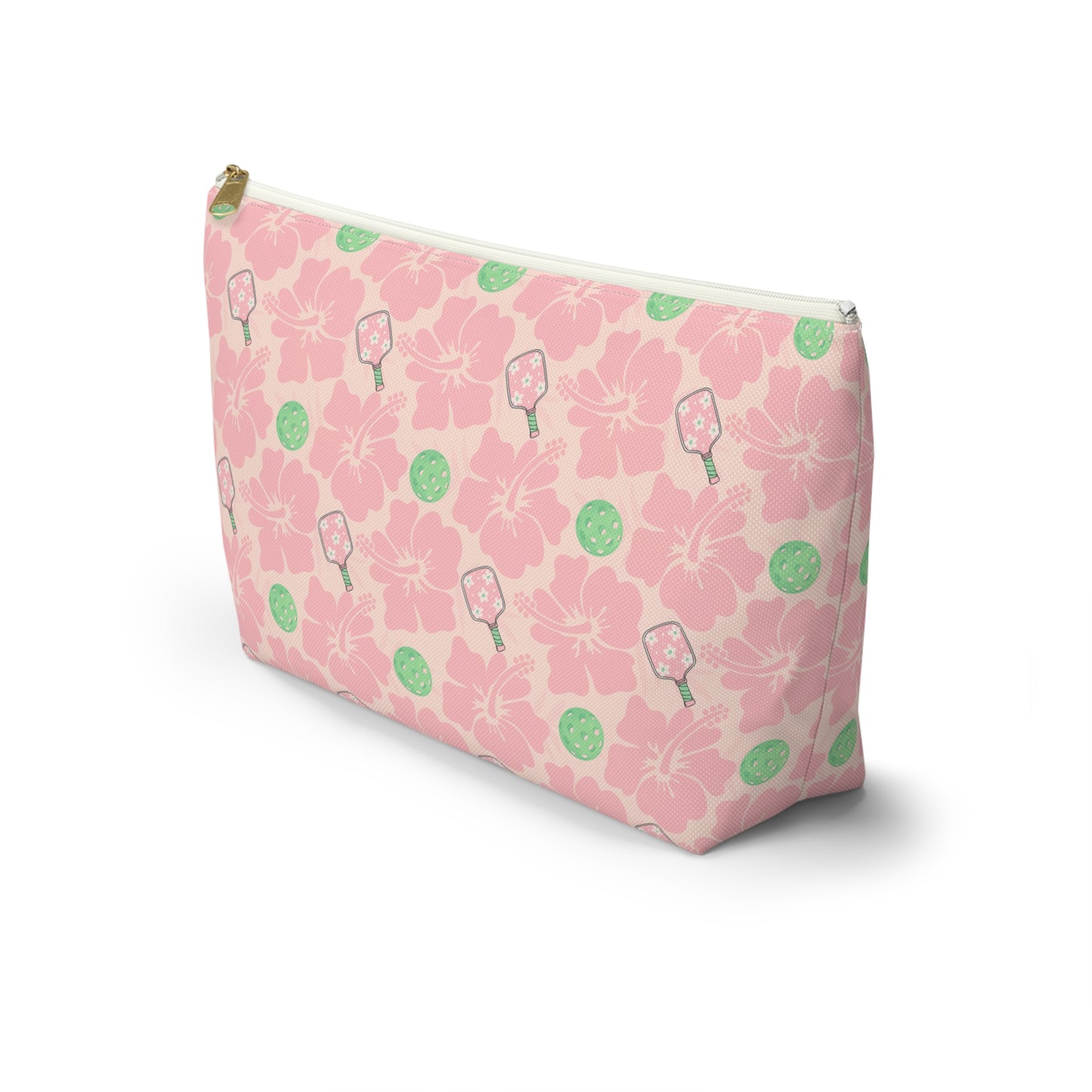 Pink Floral Pickleball Accessory Pouch — T‑Bottom Makeup Bag with Green Accents