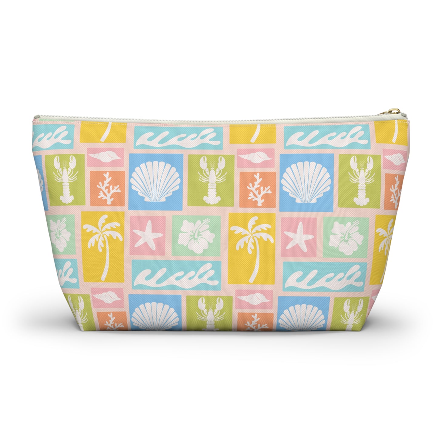 Seaside Patchwork Accessory Pouch — Pastel Beach Shell & Palm Makeup Bag