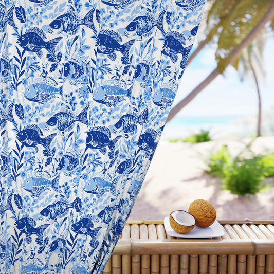 Blue Fish Pattern Curtain Panel — Nautical Botanical Window Curtain