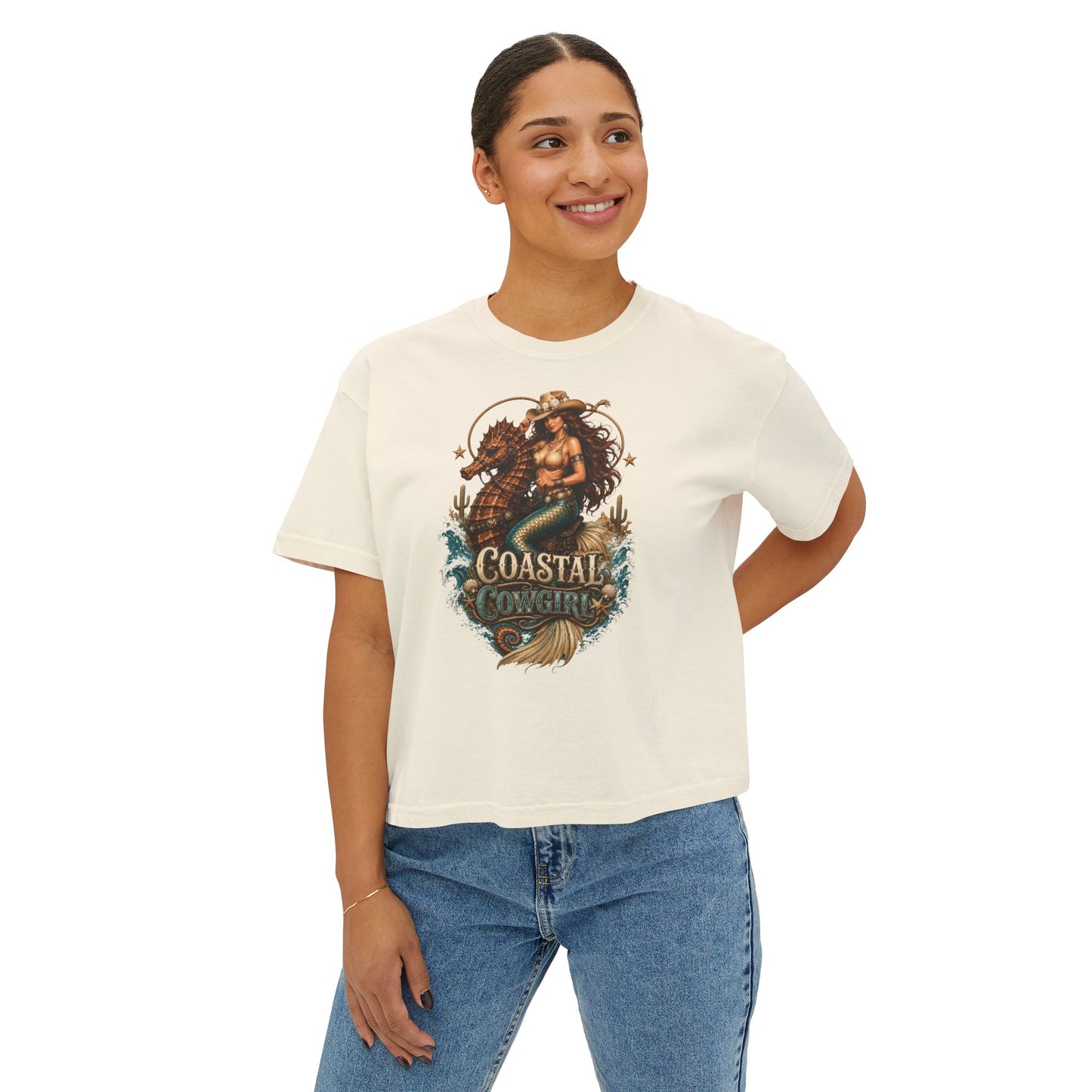 Coastal Cowgirl Women's Boxy Tee — Graphic Mermaid Cowgirl Beach Shirt