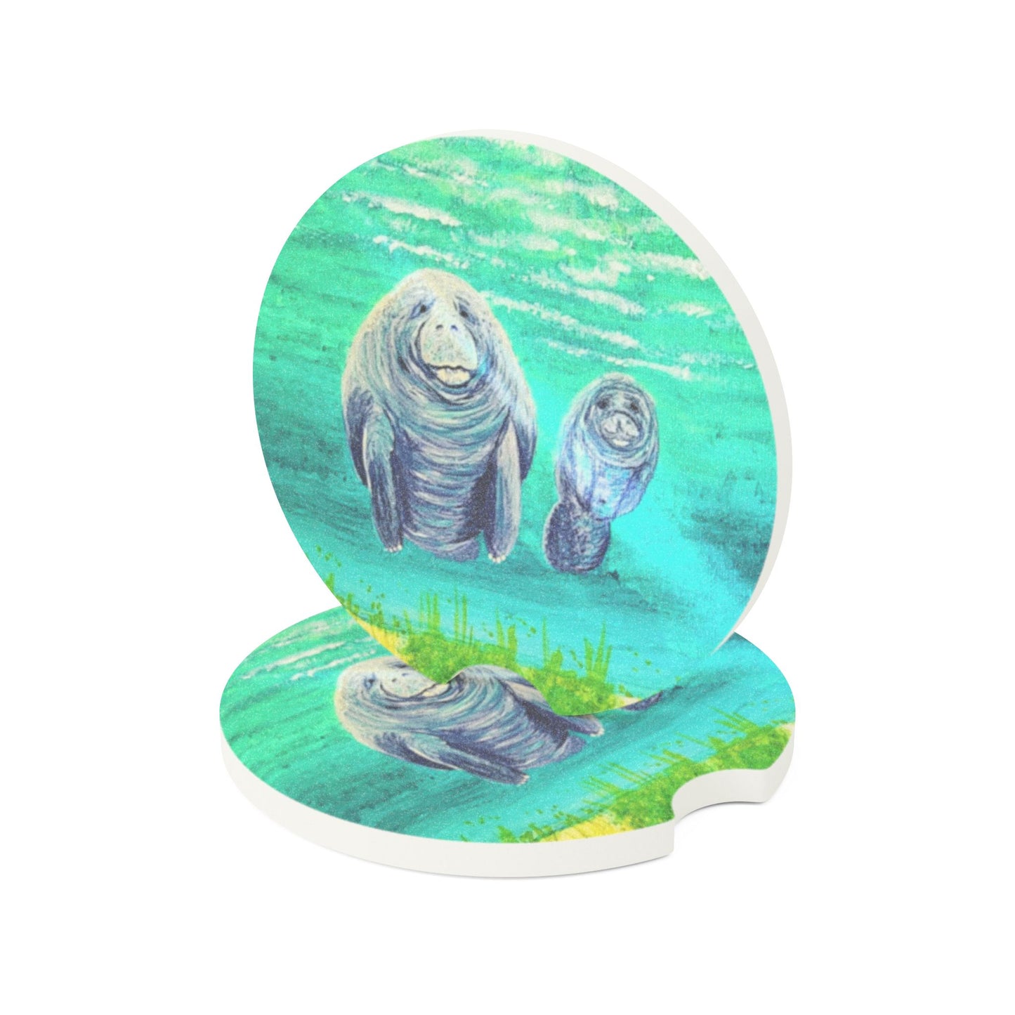 Manatee Car Coaster - Soapstone Travel Cup Holder Insert with Cute Marine Mom & Calf Design