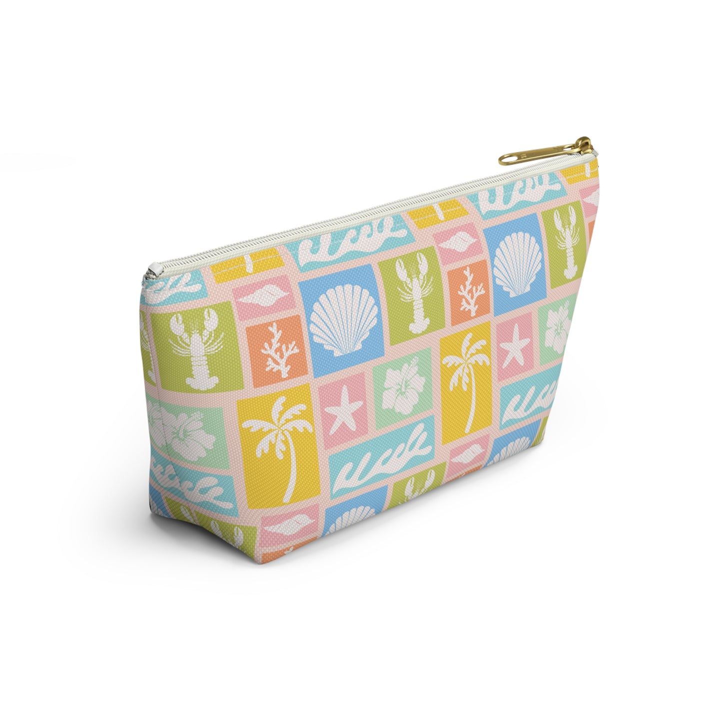 Seaside Patchwork Accessory Pouch — Pastel Beach Shell & Palm Makeup Bag