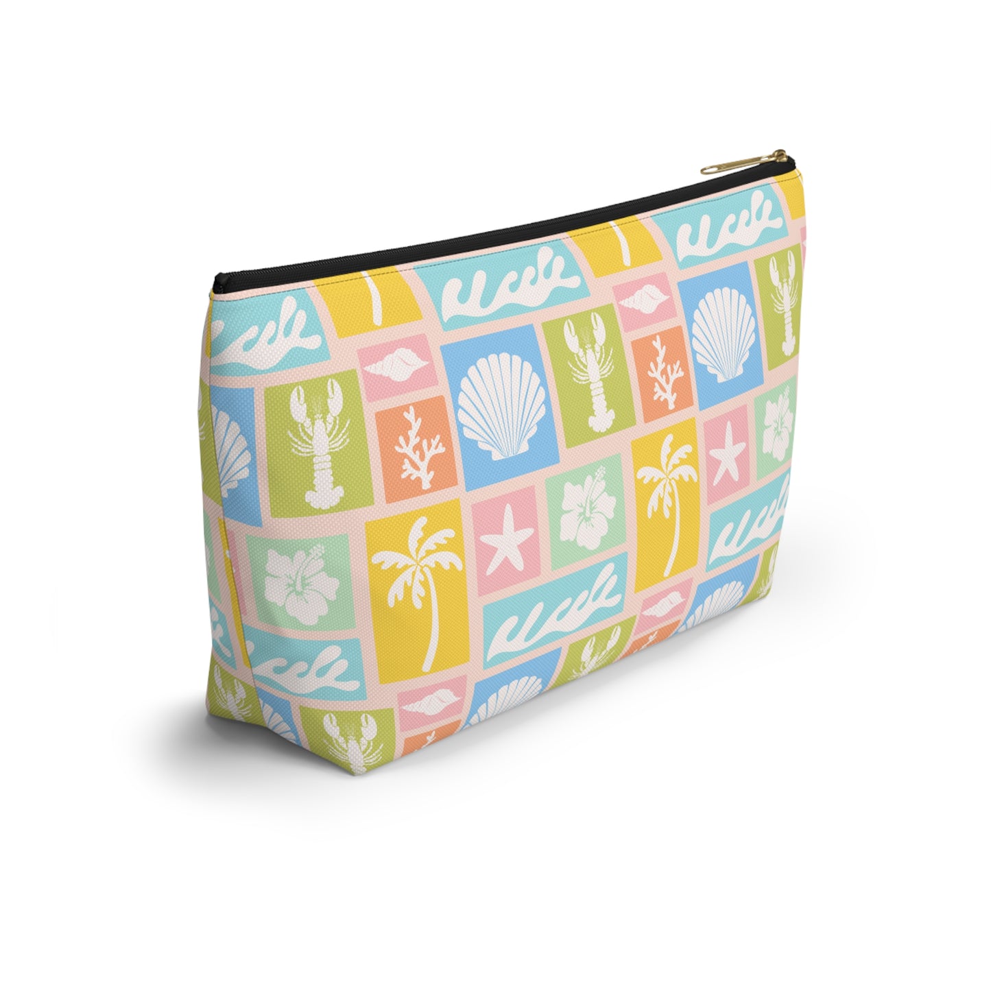 Seaside Patchwork Accessory Pouch — Pastel Beach Shell & Palm Makeup Bag