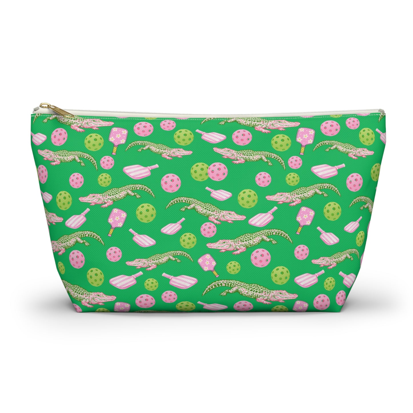 Alligator & Pickleball Paddle Pattern Accessory Pouch — Green T‑Bottom Cosmetic Bag