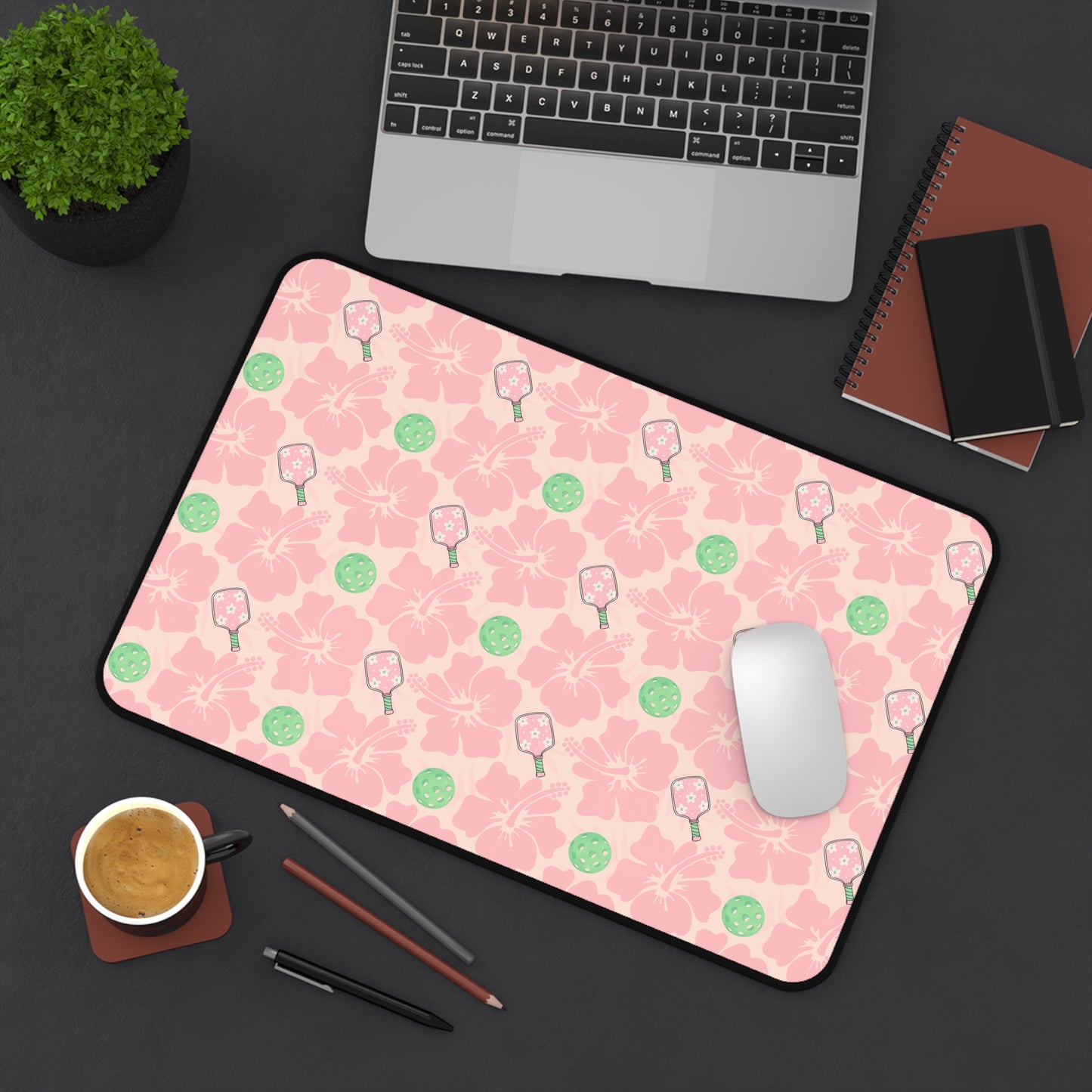 Pink and Green Pickleball Floral Desk Mat — Cute Hibiscus & Pickleball Pattern Mouse Pad