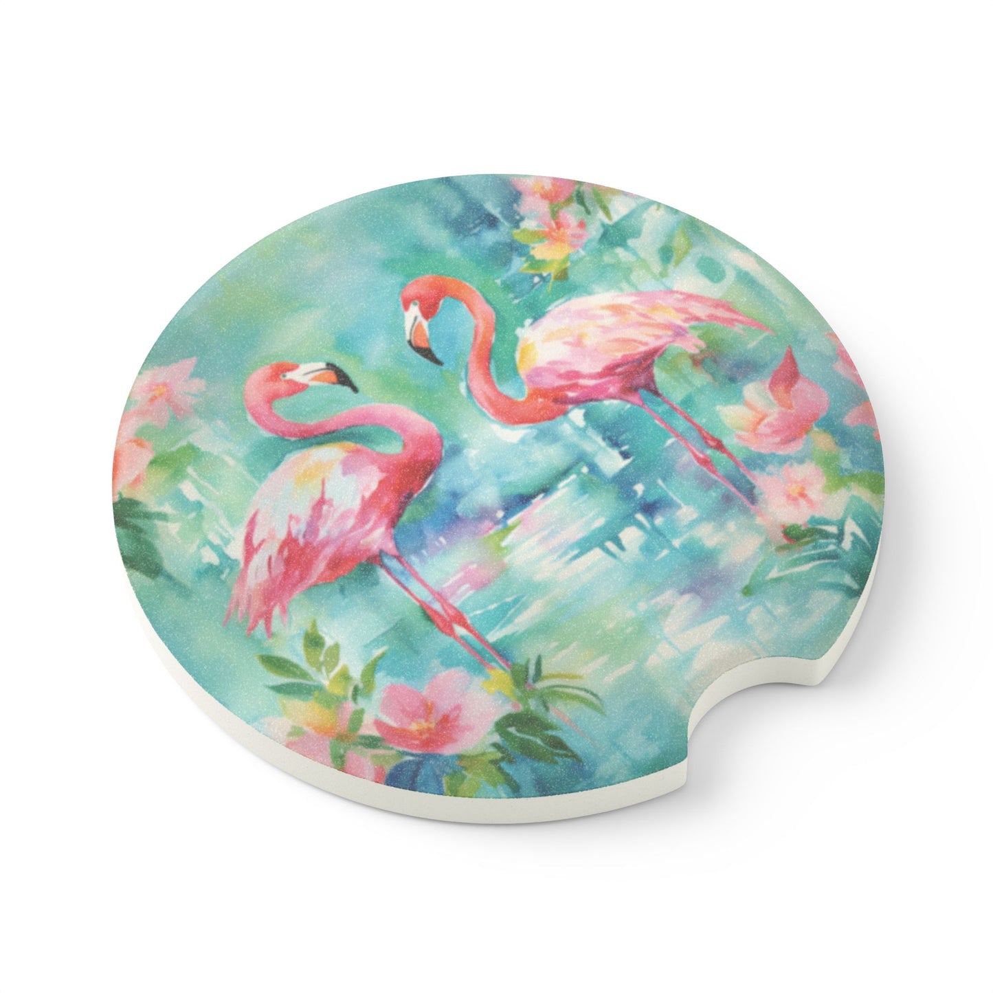Flamingo Soapstone Car Coaster — Tropical Watercolor Drink Holder
