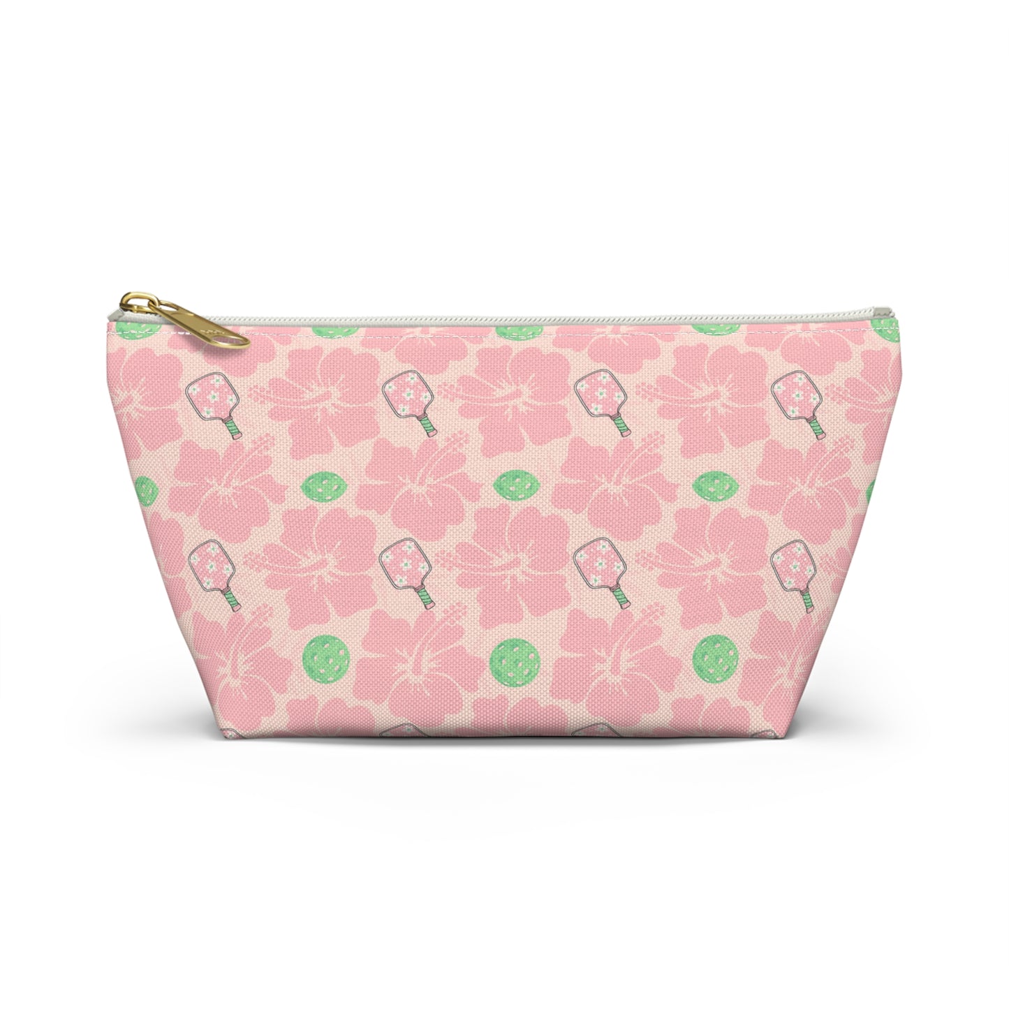 Pink Floral Pickleball Accessory Pouch — T‑Bottom Makeup Bag with Green Accents