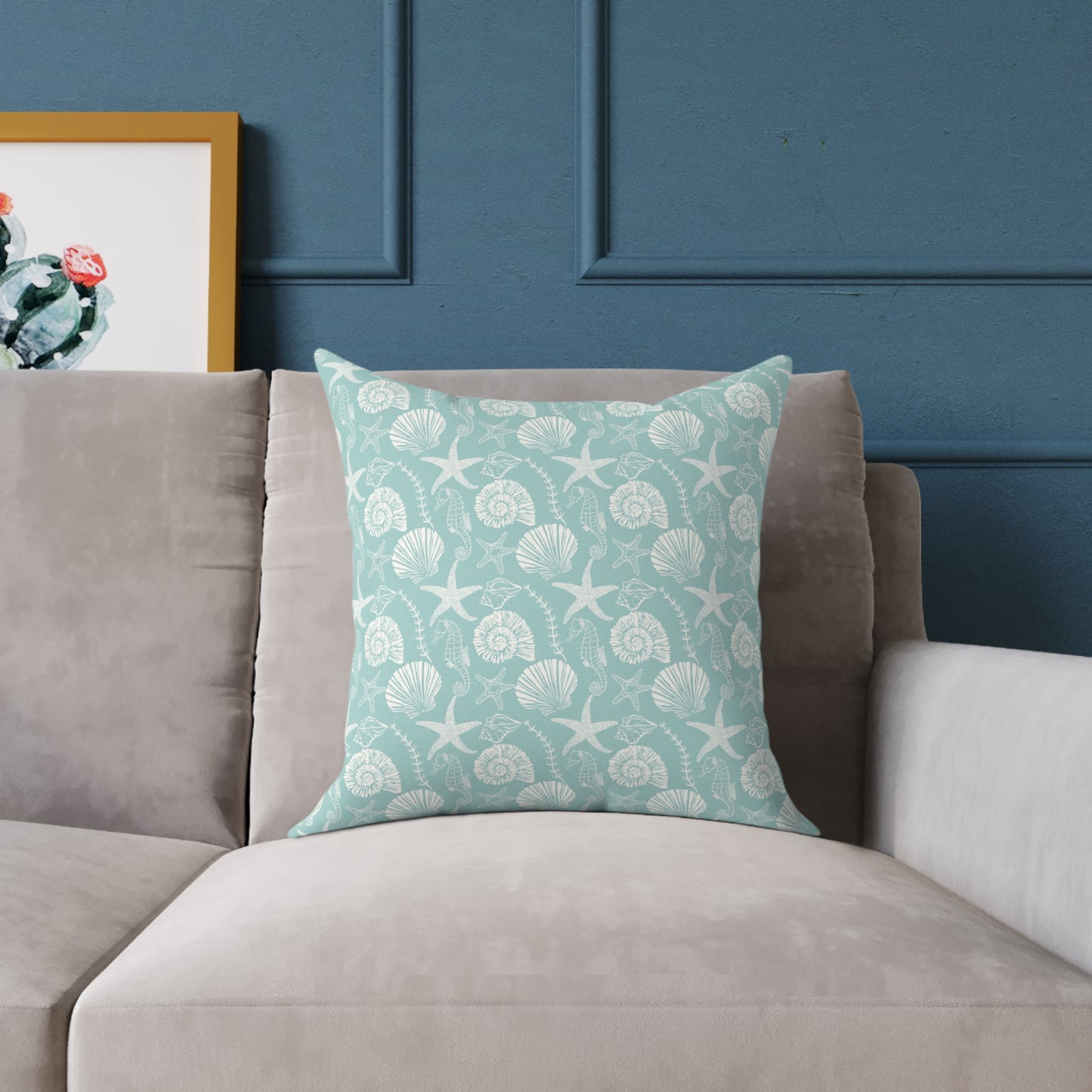 Seashells & Starfish Coastal Throw Pillow — Aqua Beach Pattern