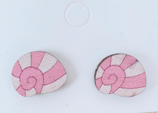 Pink Seashell Wood Stud Earrings