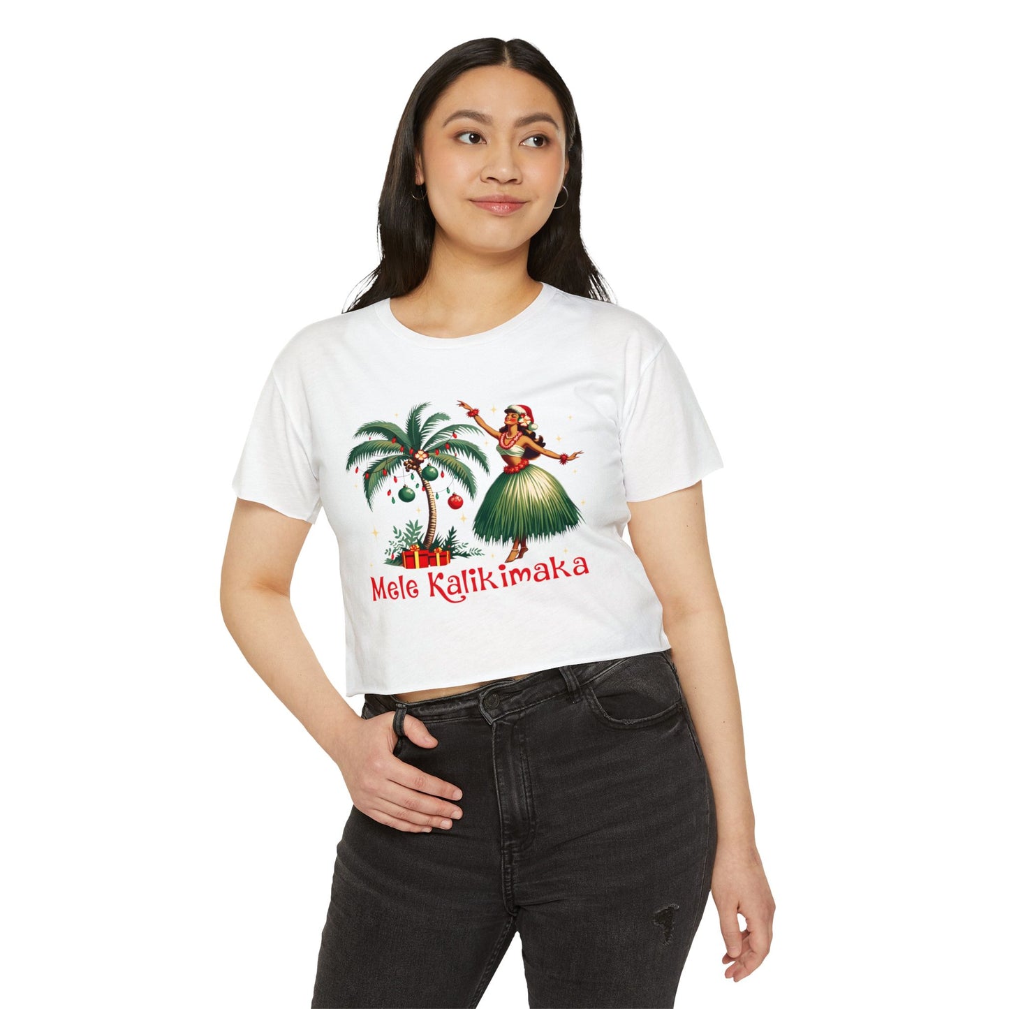 Aloha Christmas Retro Hawaiian Style Mele Kalikimaka Hula Girl Crop Top T-Shirt