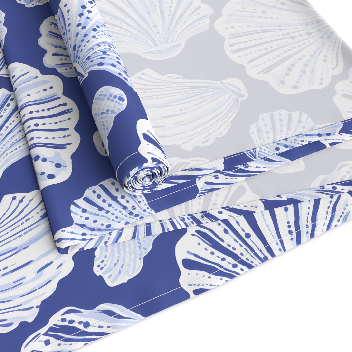 Coastal Seashell Navy Blue Table Runner — Cotton-Blend Beach Dining Decor