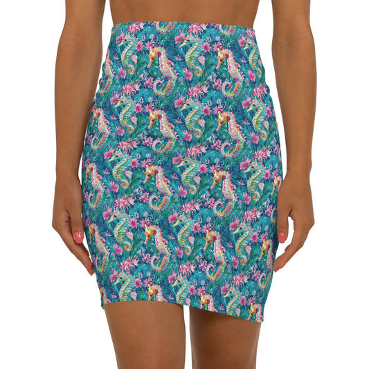 Seahorse Floral Pencil Skirt — Tropical Ocean Print Mid-Waist Skirt