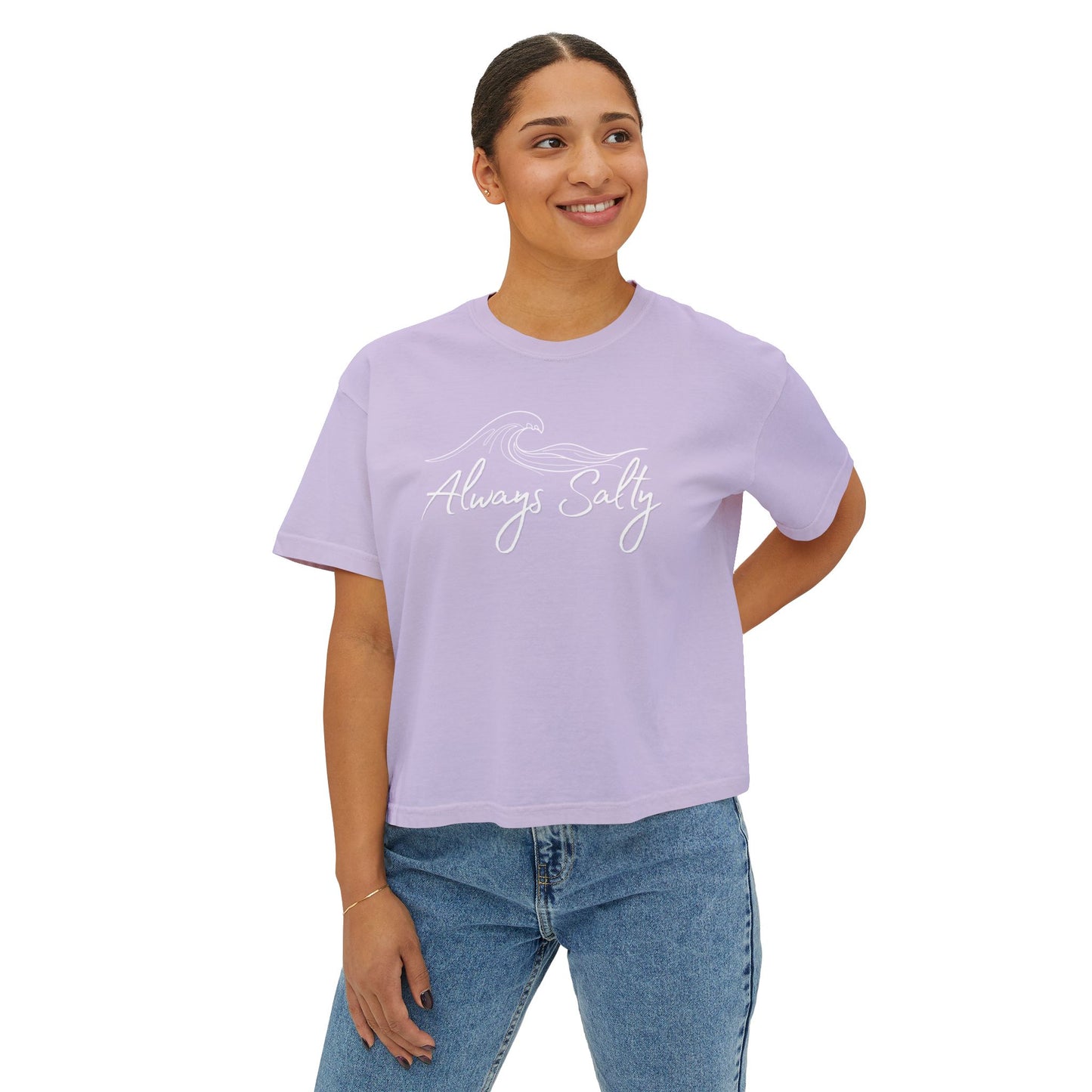 Women's Tee — "Always Salty" Wave Graphic Boxy Crop T-Shirt