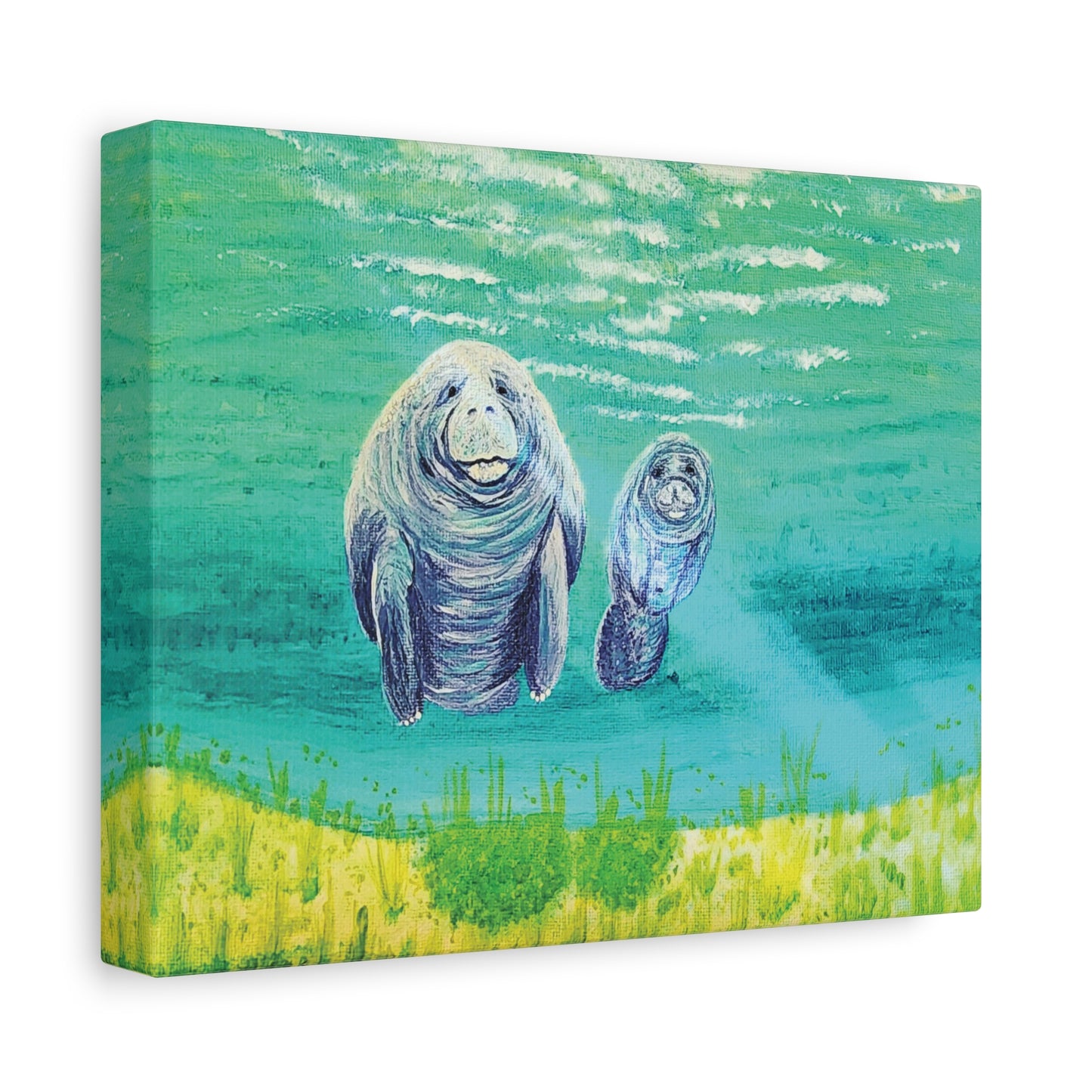 Manatee Mom and Calf Matte Canvas Print — Tropical Ocean Wildlife Wall Art