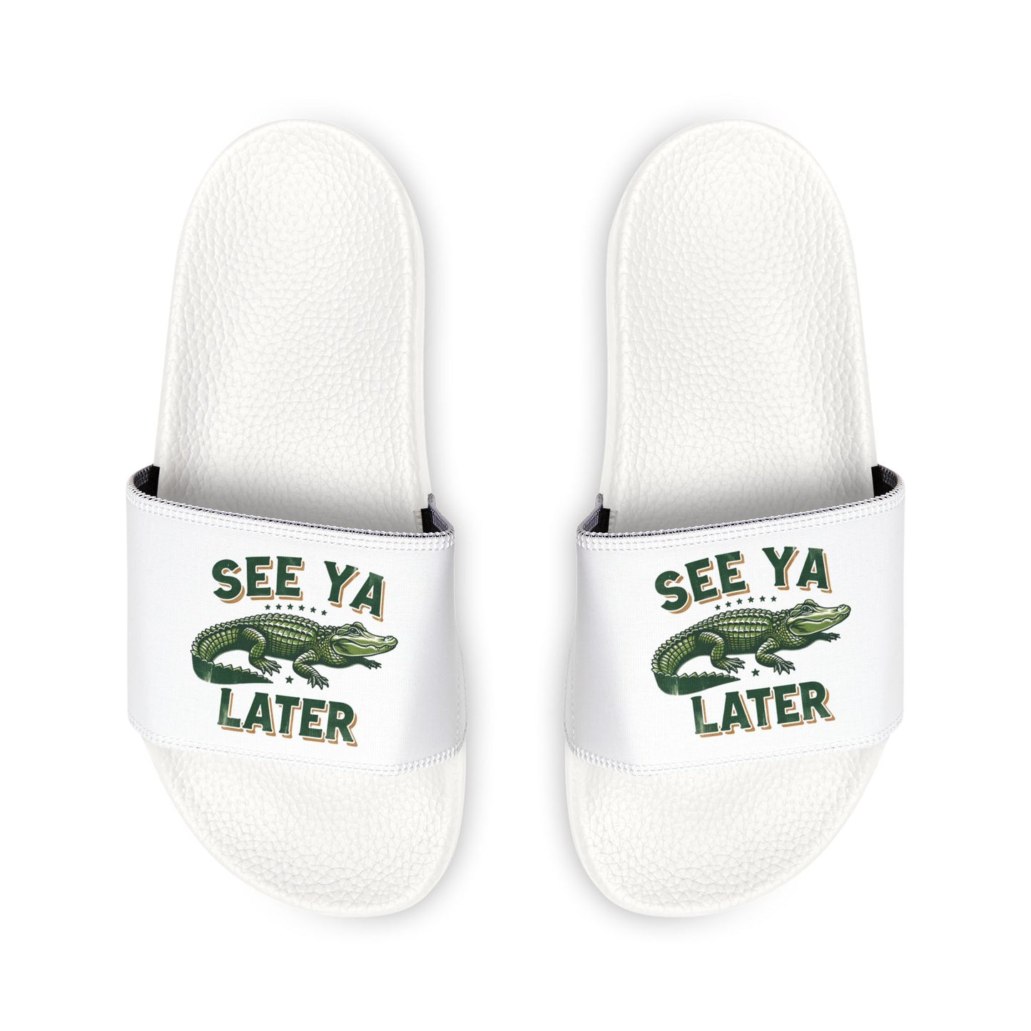 Slide Sandals — White ‘See Ya Later’ Alligator Crocodile Graphic