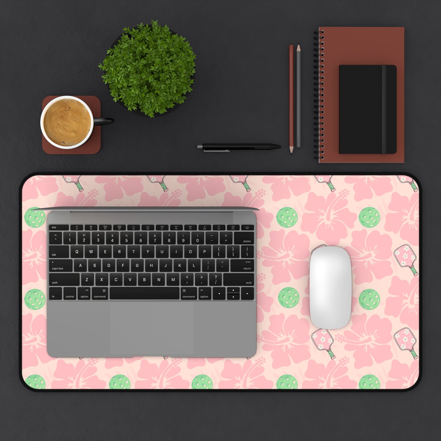 Pink and Green Pickleball Floral Desk Mat — Cute Hibiscus & Pickleball Pattern Mouse Pad