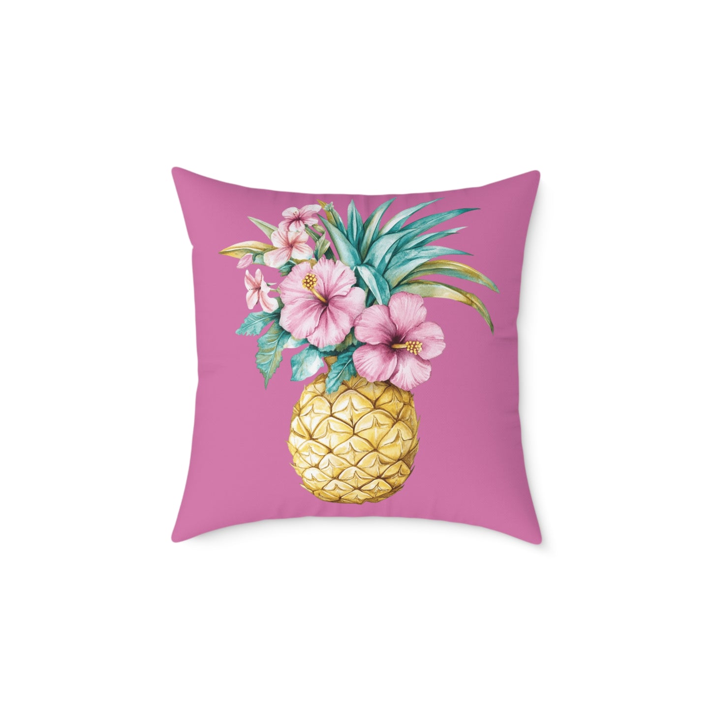Pineapple Hibiscus Square Pillow — Tropical Floral Decorative Throw Pillow