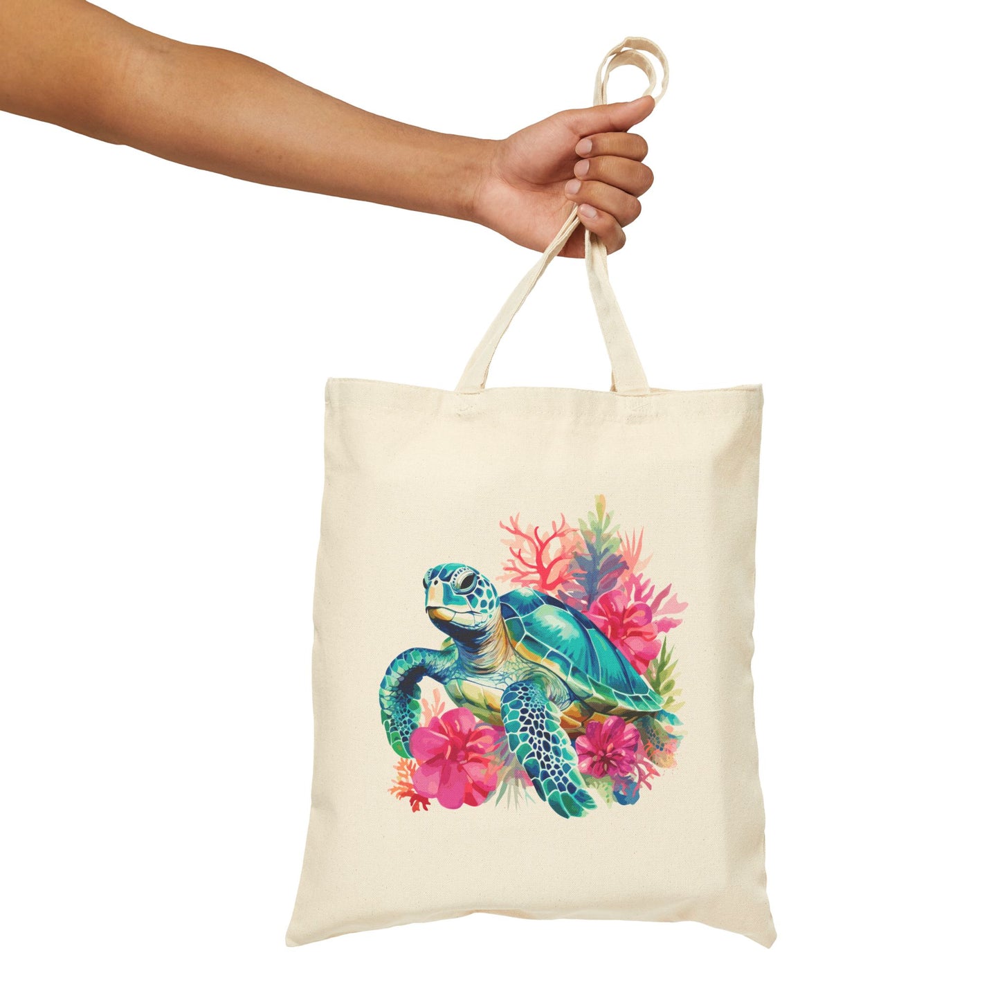 Sea Turtle Floral Canvas Tote — Eco-Friendly Beach Bag
