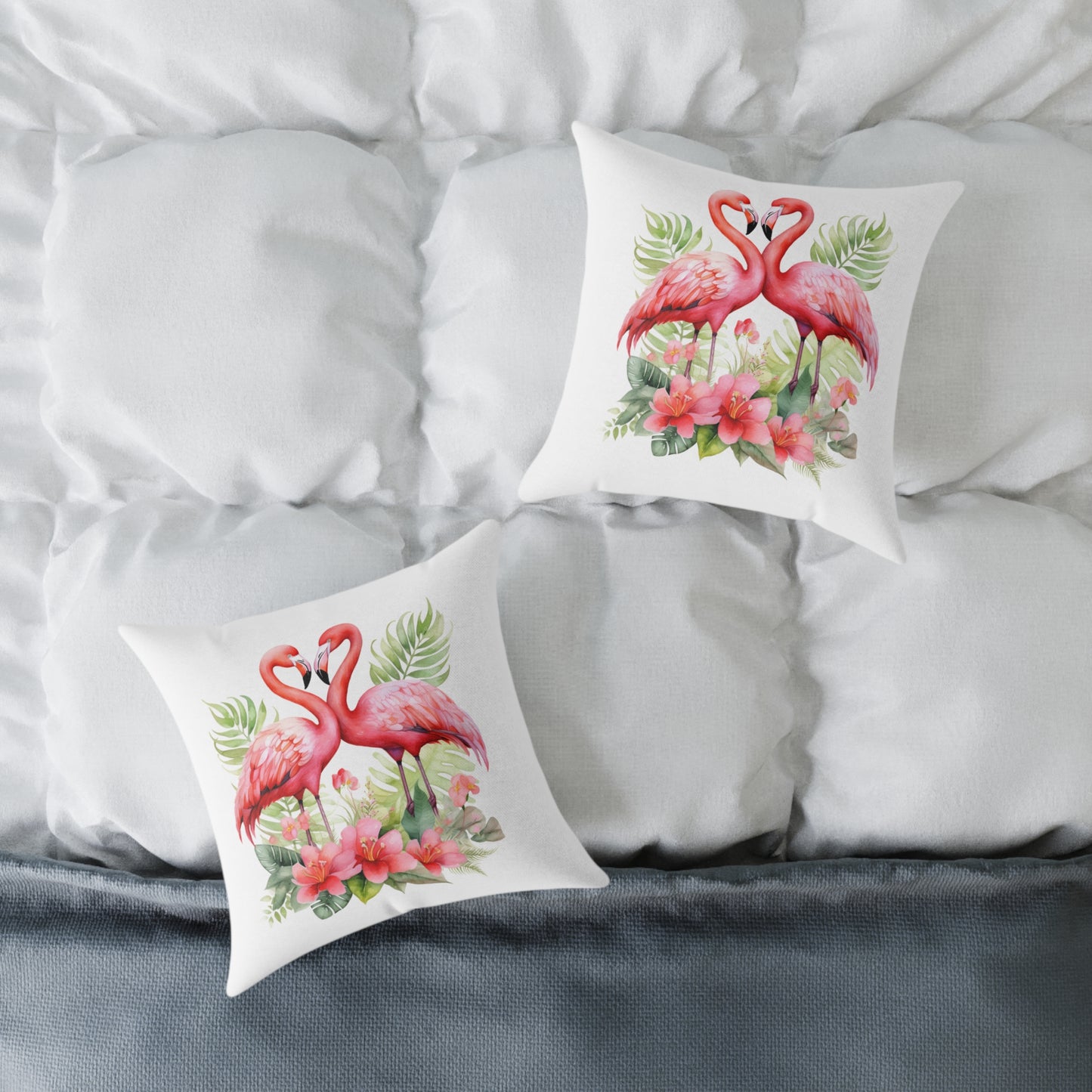 Flamingo Love Square Pillow — Tropical Hibiscus Decorative Throw Pillow