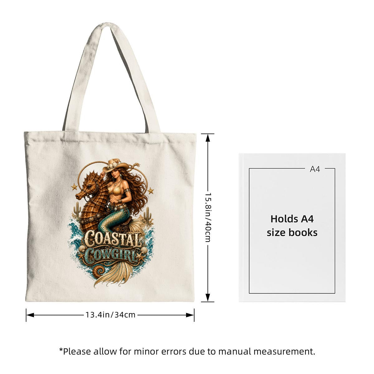 Coastal Cowgirl Mermaid Seahorse Print Canvas Tote Bag