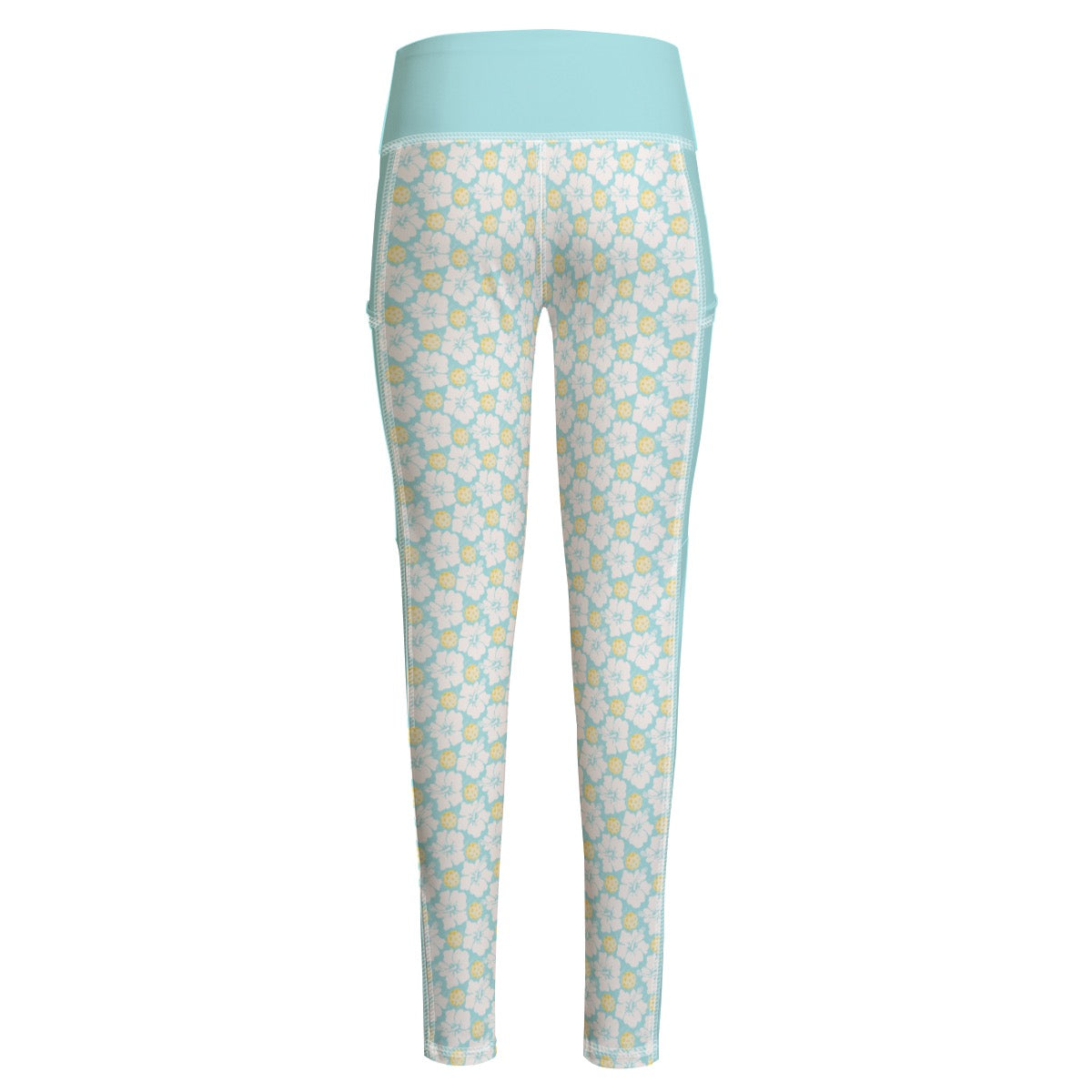 Women's Tropical Floral Blue and Yellow Pickleball Leggings With Side Pockets