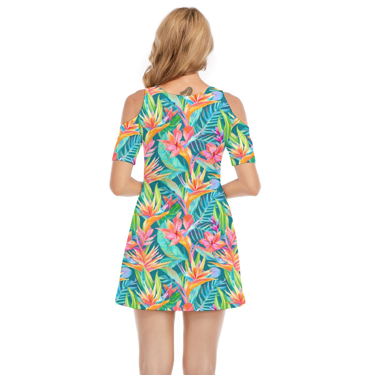 Tropical Teal Print Women's Cold Shoulder Summer Dress Cotton
