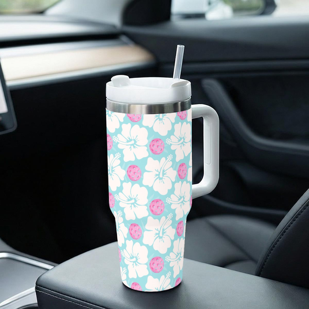 Pink and Blue Floral Pickleball 40 oz Drink Tumbler With Handle