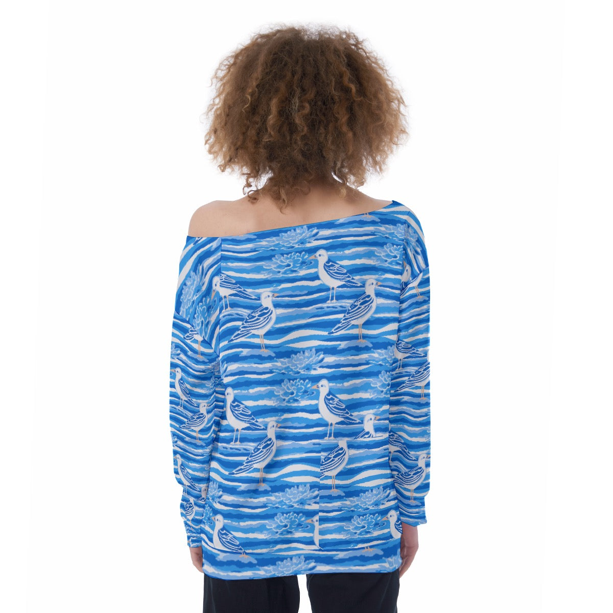 Seagull Blue and White Oversized Women's Off-Shoulder Sweatshirt