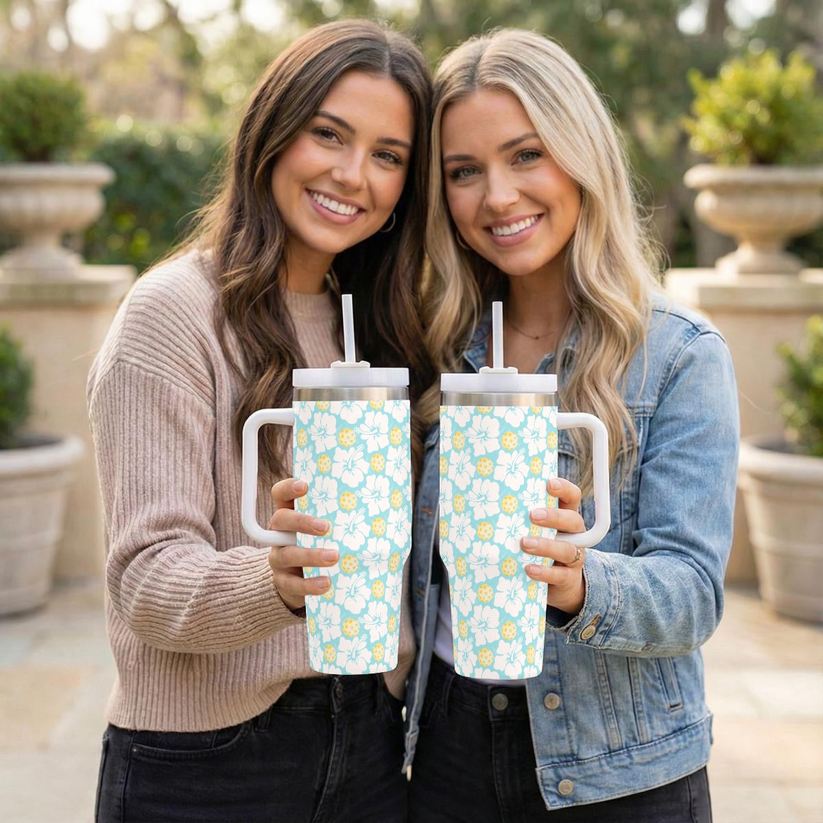 Pickleball Floral Blue and Yellow 40 oz Drink Tumbler With Handle