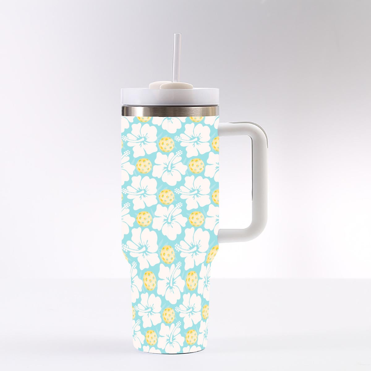 Pickleball Floral Blue and Yellow 40 oz Drink Tumbler With Handle