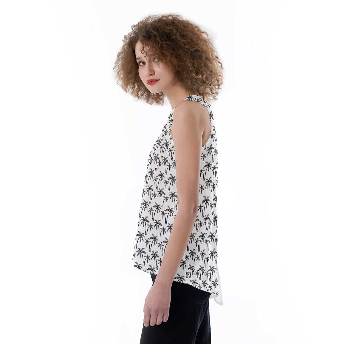Black and White Palm Tree Print Women's Loose Tank Top