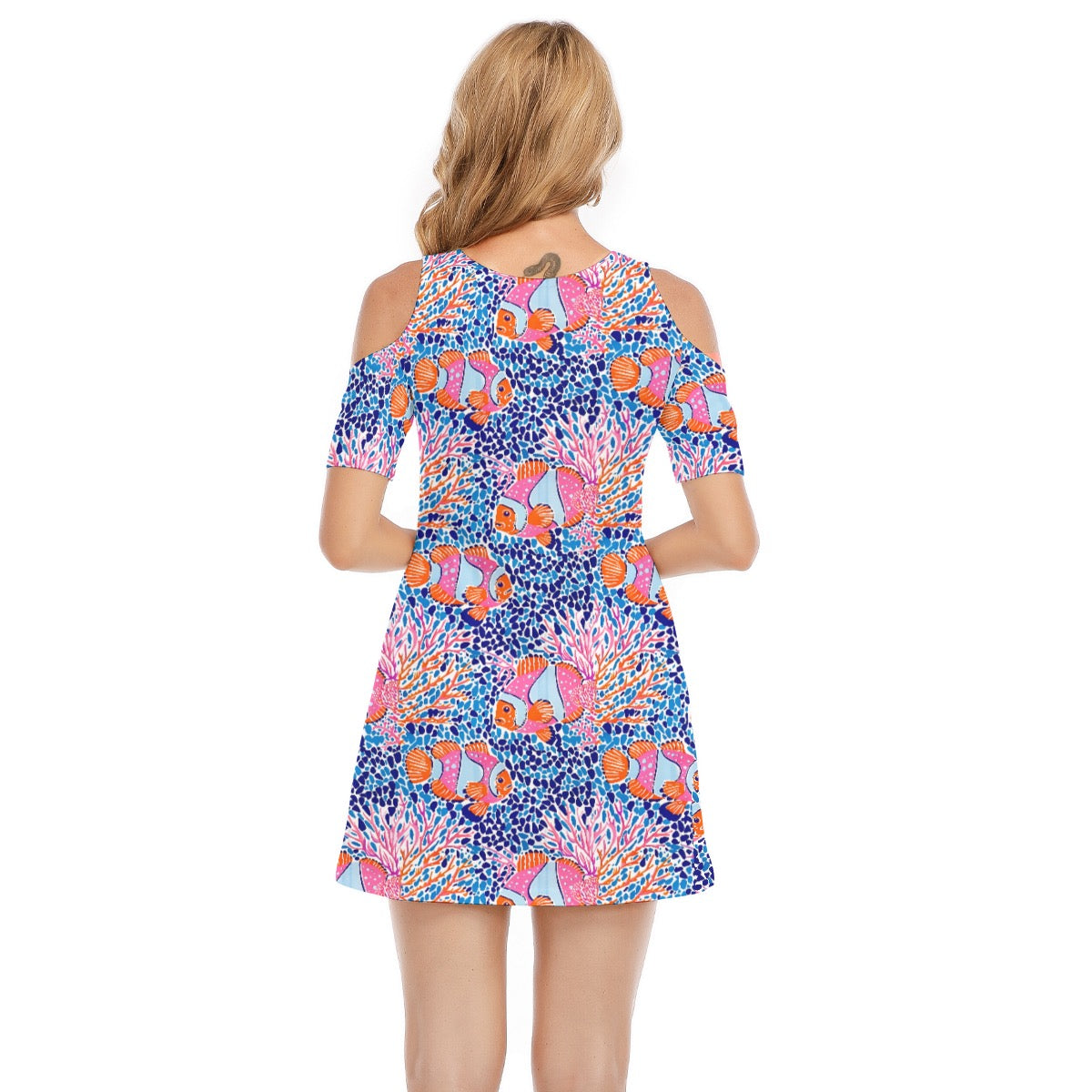 Clownfish Print Women's Cold Shoulder Dress Cotton
