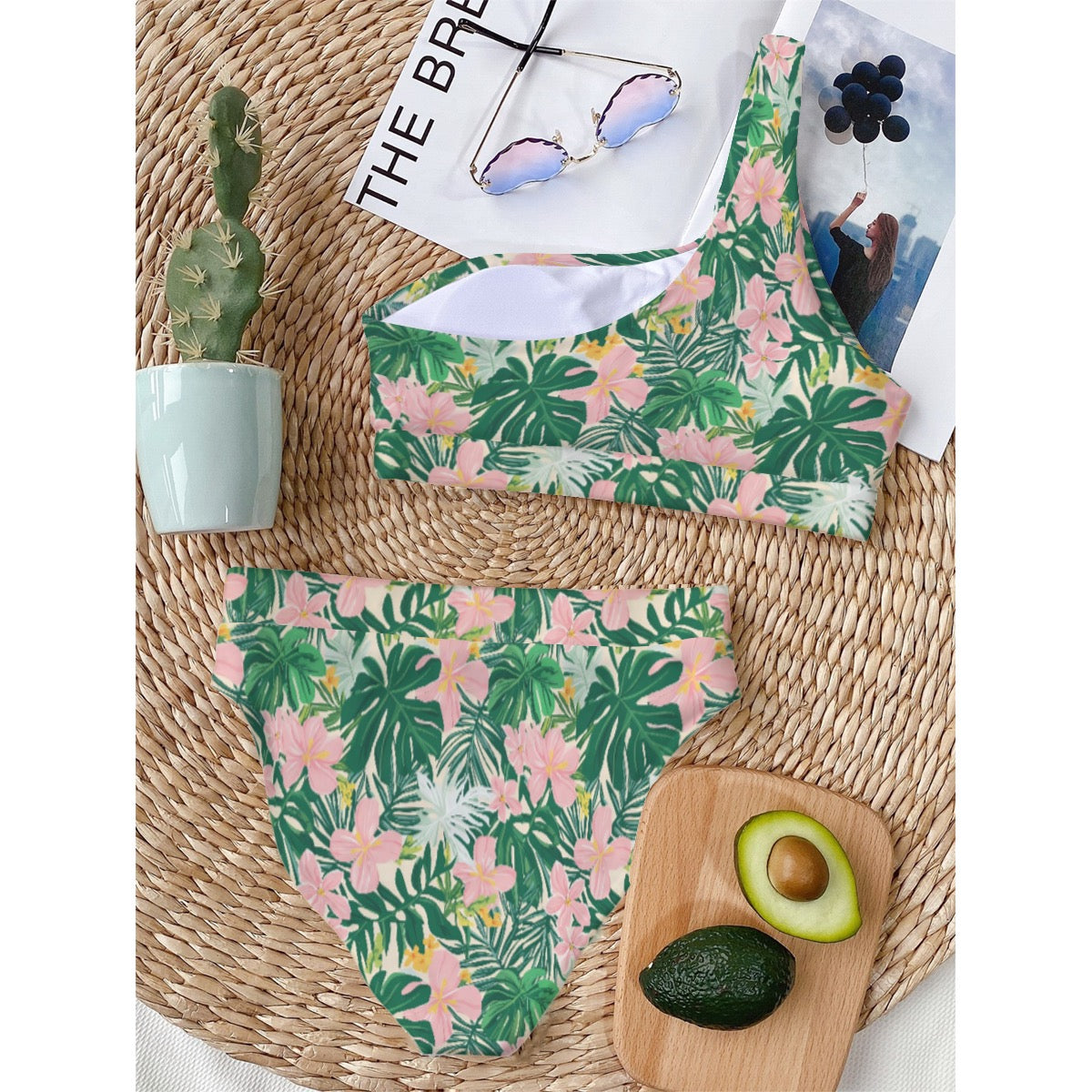 Monstera Pink floral Print Women's Bikini With Single Shoulder