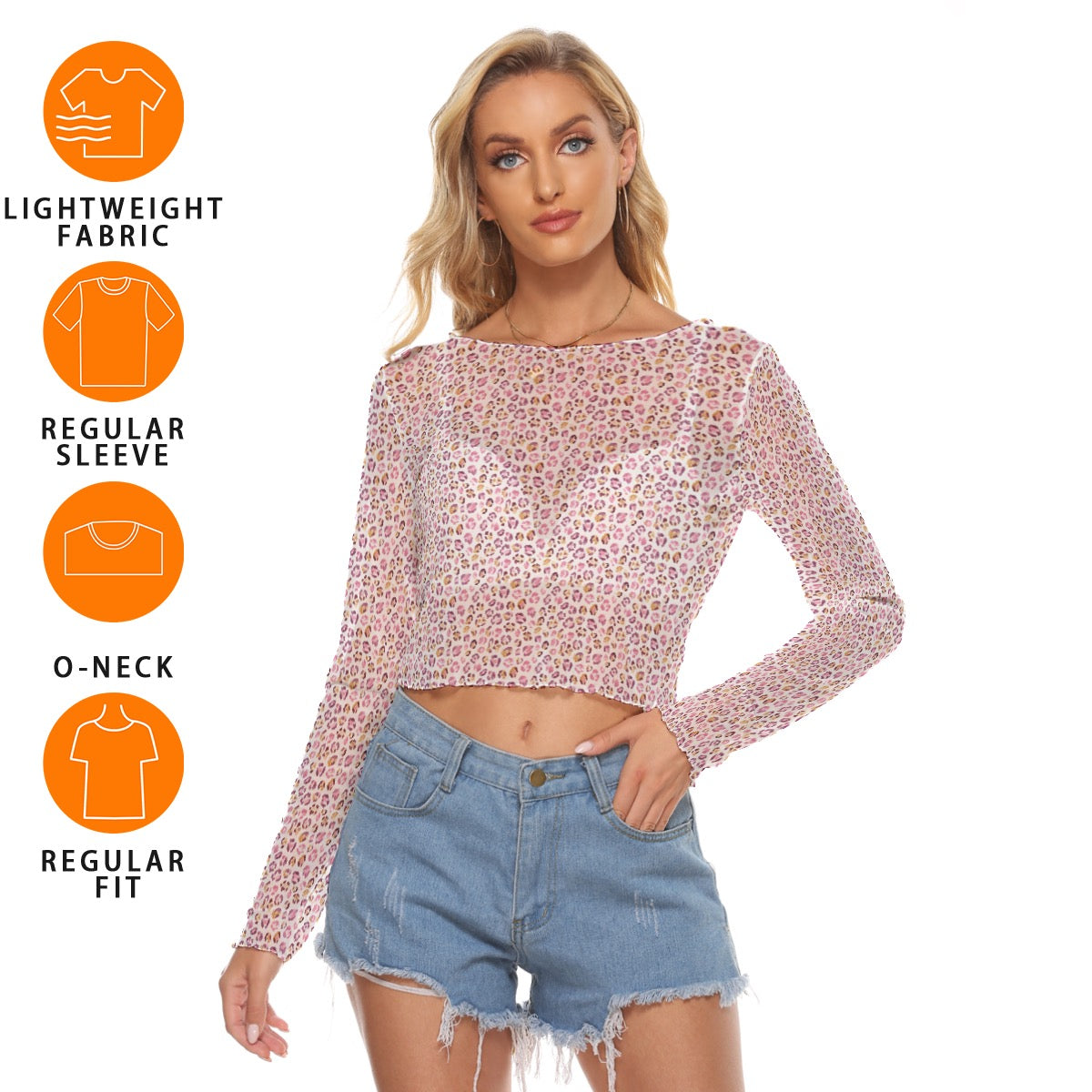 Pink Cheetah Print Women's Mesh Long Sleeves T-shirt
