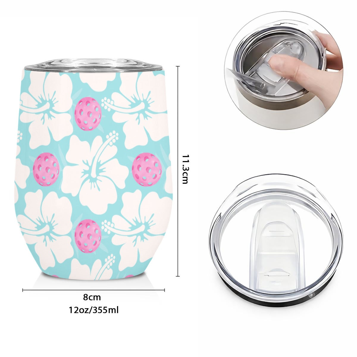 Pickleball Floral Blue and Pink Stainless Steel Stemless Insulated Tumbler Printed in USA|12OZ