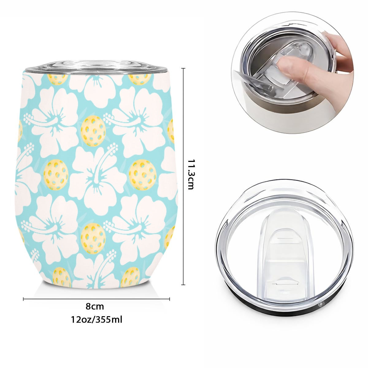 Pickleball Floral Aqua Blue Stainless Steel Stemless Insulated Wine Tumbler Printed in USA|12OZ