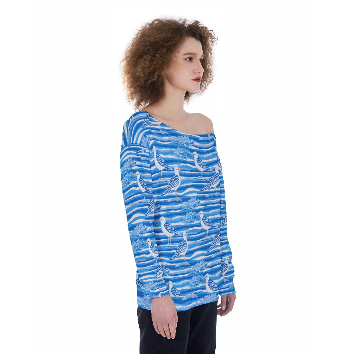Seagull Blue and White Oversized Women's Off-Shoulder Sweatshirt