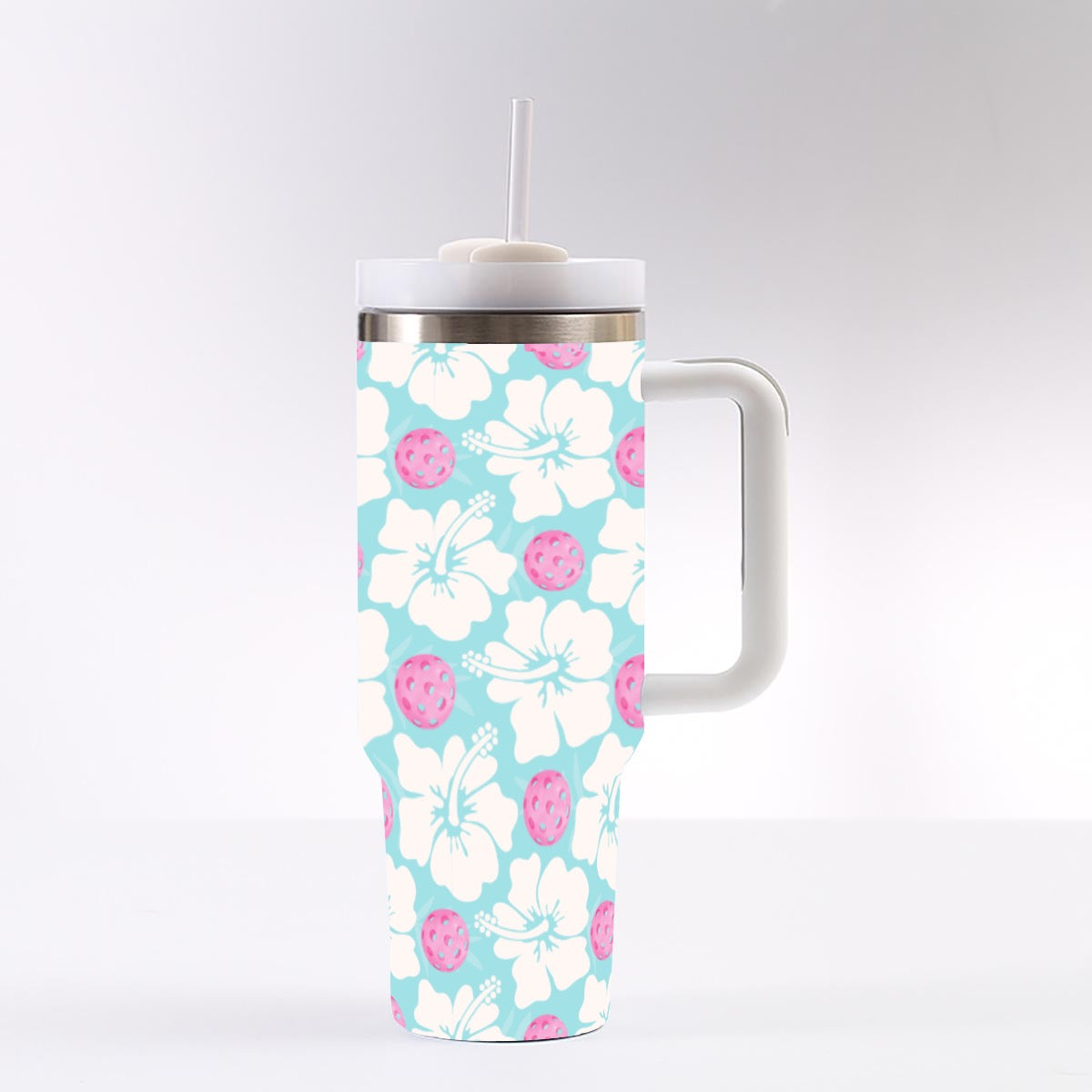 Pink and Blue Floral Pickleball 40 oz Drink Tumbler With Handle